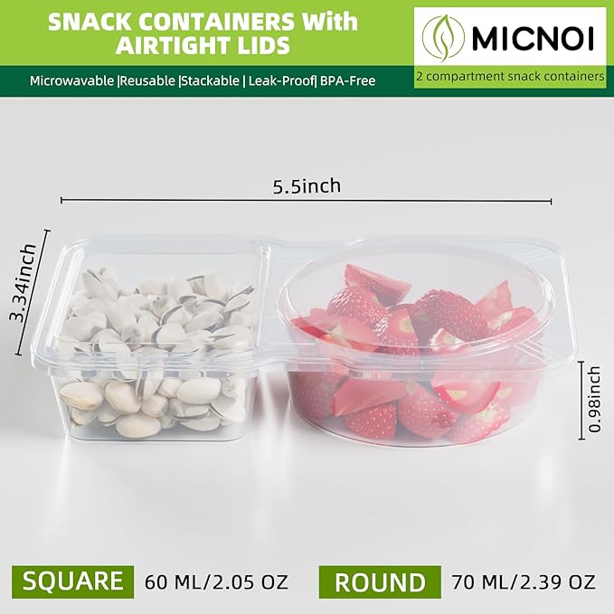 10 Pack Snack Containers, Reusable 2 Compartment Condiment Containers with Lids, Ideal for On-the-Go Mini Sauce Boxes & Lunchable Snack Packs for Kids and Adults, BPA-Free
