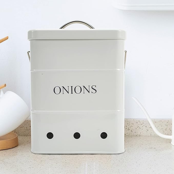 Onion Storage Bin, Metal Storage Tin for Onion, Kitchen Storage Canister with Aerating Tin Storage Holes - Kitchen Pantry Organizer Tin Vegetable Fresh Keeper (White)