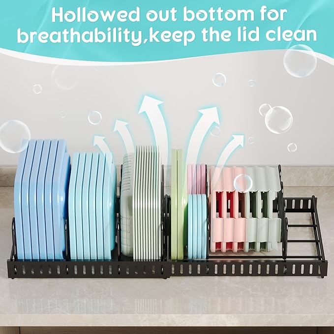 Expandable Food Container Lid Organizer,Large Capacity Adjustable 8 Dividers Detachable Lid Organizer Rack for Cabinets, Cupboards, Pantry Shelves, Drawers Keep Kitchen Tidy,Black 10.2”wide,3.6 Pound.