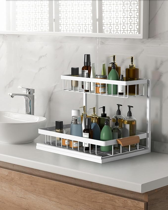 2 Pack Under Sink Organizer,Metal Pull Out Kitchen Cabinet Organizer with Sliding Drawer,Sturdy Multi-functional for Bathroom Organization,White