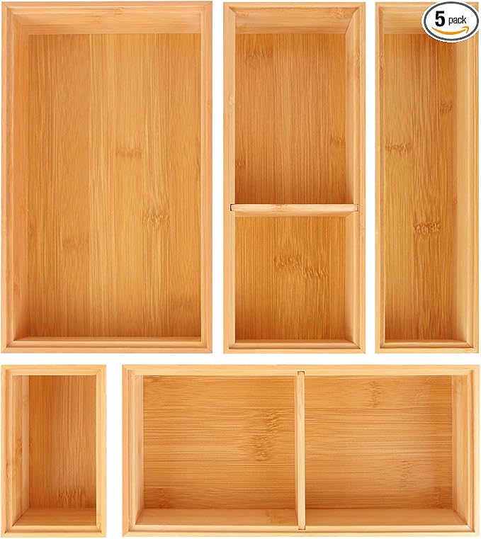 Bamboo Drawer Organizer,5 PCS Silverware Organizer & Kitchen Organizers and Storage,Utensil Drawer Organizer With Removable Dividers for Kitchen,Utensils,Bathroom,Office,Makeup(Natural)