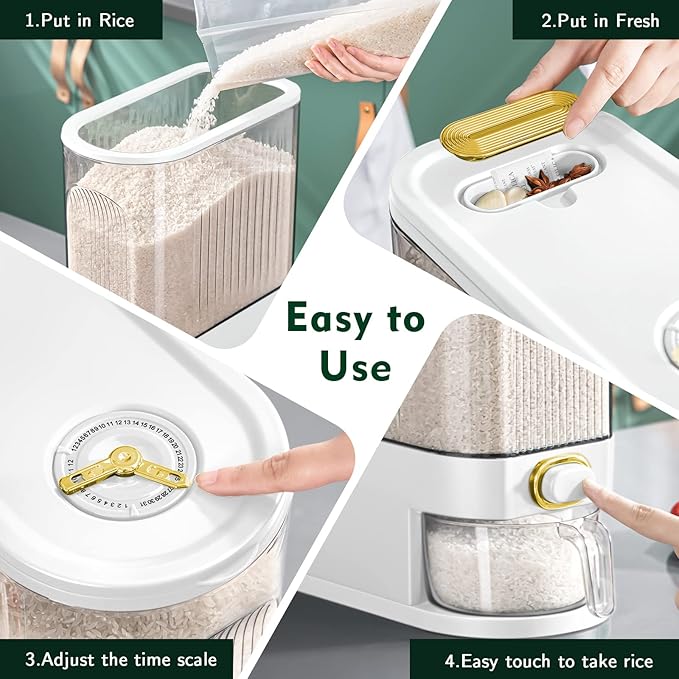 22 Lbs Rice Dispenser, Large Dry Food Storage Container with with Measuring Cup & Time Scale, Food Dispenser Kitchen Organization and Pantry Store for Cereal Dry Food (White)
