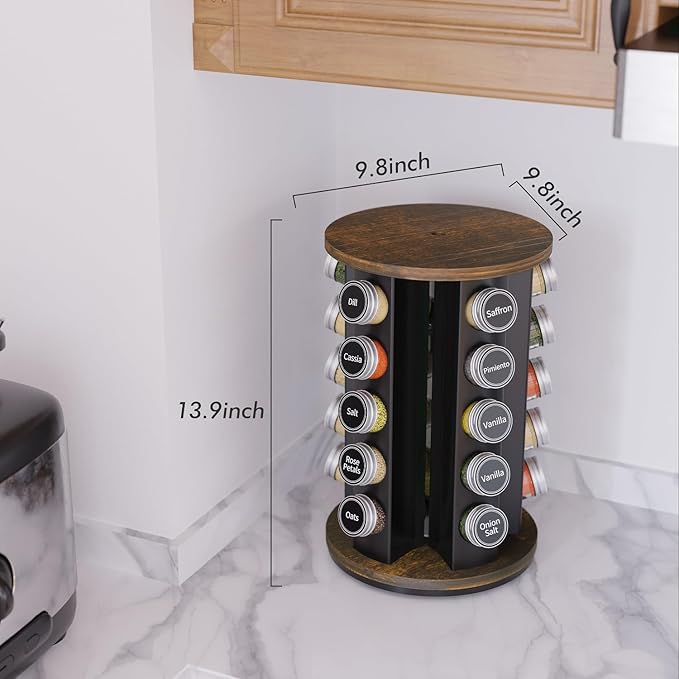New England Stories Revolving Spice Rack Set with 30 Spice Jars, Kitchen Spice Tower Organizer for Countertop or Cabinet - Carousel Storage Includes 386 Spice Labels