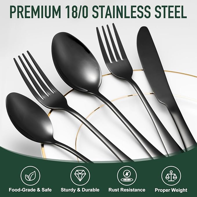 21-Piece Modern Black Silverware Set with Organizer Tray Stainless Steel Eating Utensil Sets Kitchen Knives Forks and Spoons Cutlery Set Heavy Duty Tableware Flatware Sets for 4, Dishwasher Safe
