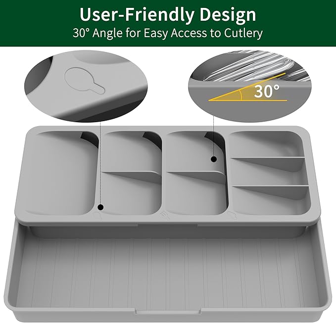 Kitchen Utensil Drawer Organizer, Expandable Silverware Organizer, BPA Free Small Cutlery Holder, Grey