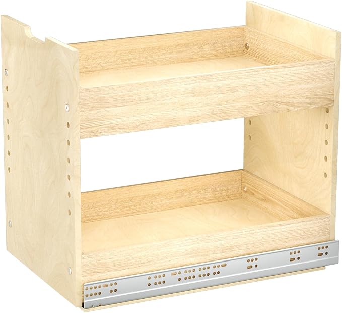 LOVMOR Adjustable Pull Out Cabinet Organizer 13½” W x 18½”H 2-Tier Narrow Cabinet Drawers Slide Out with Soft Close Wood Spice Rack for Narrow Cabinet