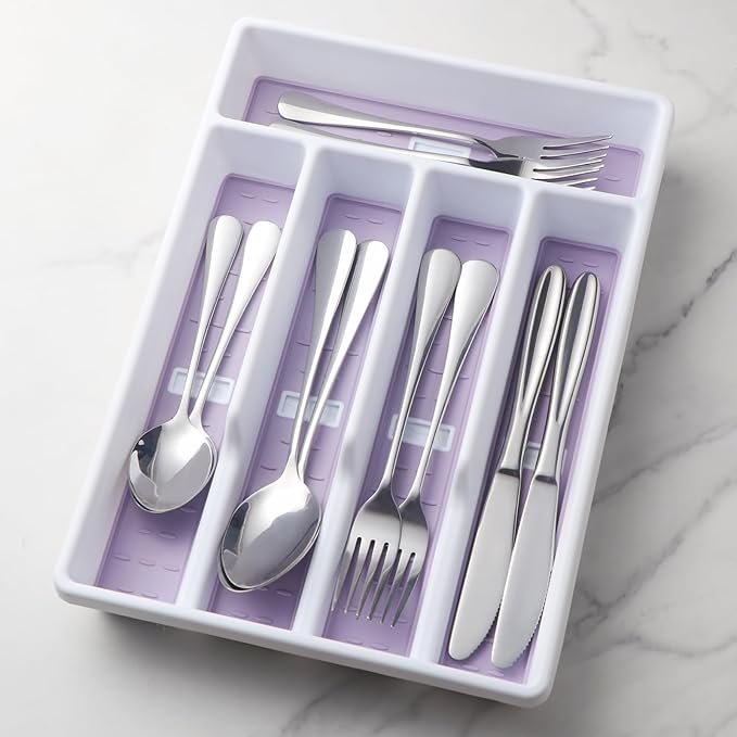 Silverware Organizer with Cutlery Icons,Silverware Tray for Kitchen Drawer,Flatware Tableware Cultery Drawer Organizer Utensil Organizer with Non-slip TPR Linings,Kitchen Organization Essentials