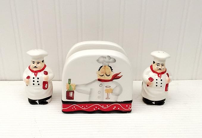 Tuscany Colorful Plump Bistro Chef Hand Painted Ceramic Napkin Holder, Salt & Pepper Shakers Set of 3PCs, Kitchen Décor