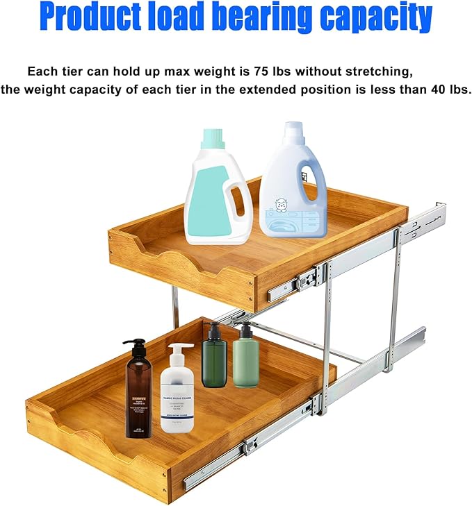 DINDON 2 Tier Pull Out Cabinet Organizer (14" W x 21" D) Double Tier Slide Out Wood Drawer Under Cabinet Storage And Organization