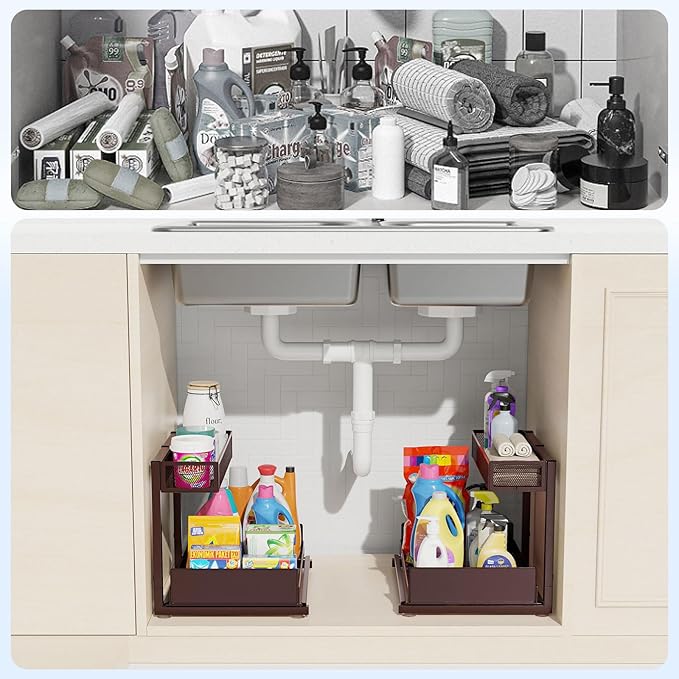 2 Pack Under Sink Organizer and Storage, 2 Tier Pull Out Cabinet Organizer, Slide Out Under Sink Storage Shelf, Undersink Organizers Shelves for Kitchen Bathroom Pantry Organization (Bronze)
