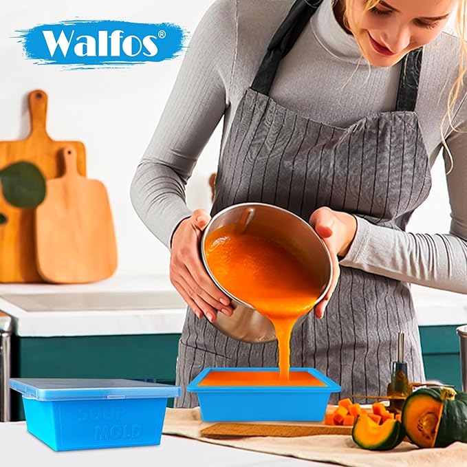 Walfos Silicone Freezer Tray With Lid - Easy to demold and Easy Meal Prep Container, 2pcs 1 Cup & 2pcs 2 Cup Silicone Mold for Soup and Food Storage -BLUE 4pcs