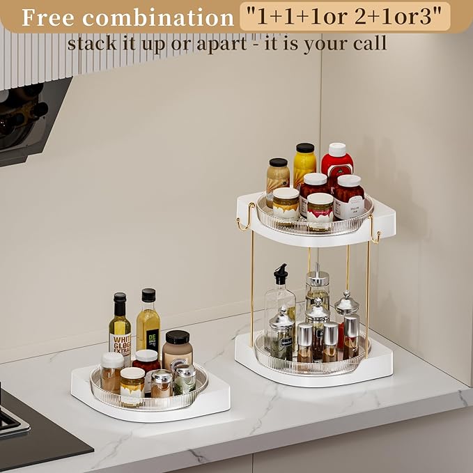 3 Pack Lazy Susan Turntable - Corner Spice Organizer for Cabinet - 9 Inch Rotating Condiment Rack Storage for Refrigerator, Pantry, Kitchen, Vanity, Bathroom Countertop (3 Tier-Clear)
