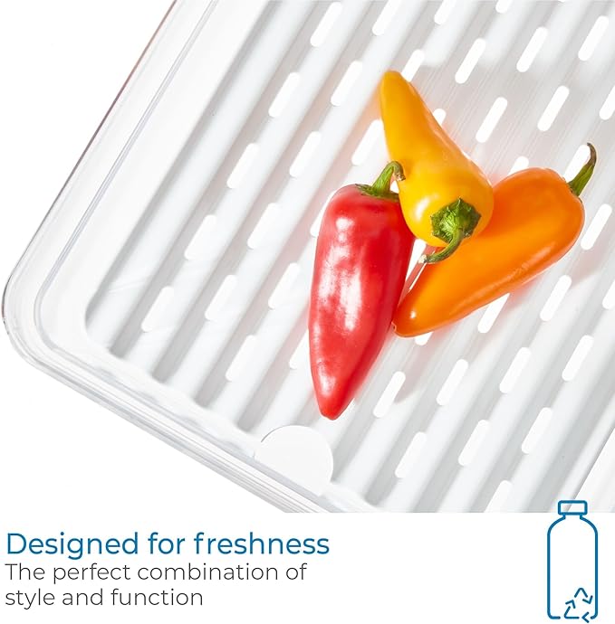 iDesign Large Fridge Produce Bin with Removable Drainage Tray and Lid - Set of 4 - Clear/White