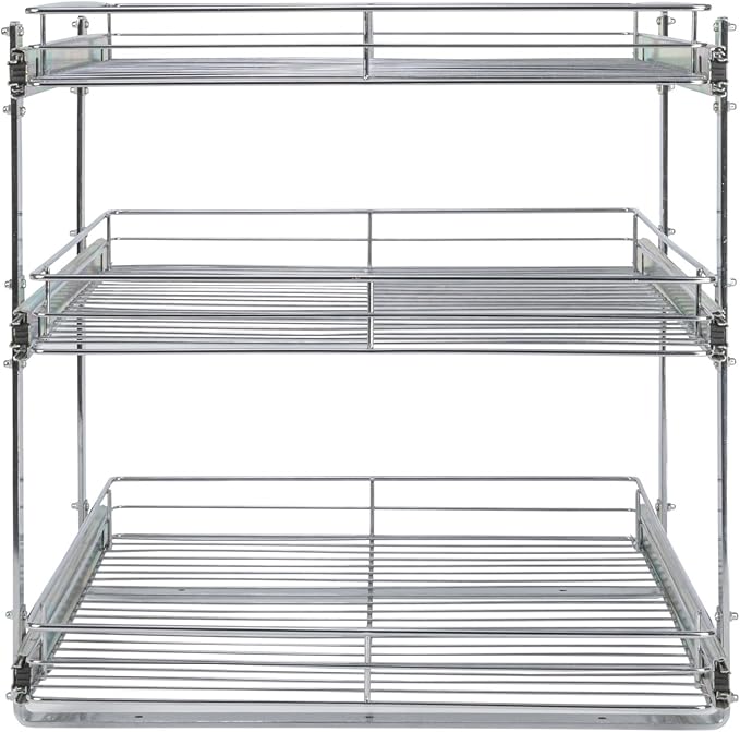 Household Essentials Glidez Multipurpose Chrome-Plated Steel Pull-Out/Slide-Out Triple-Sliding Storage Organizer for Cookware and Bakeware - 3-Tier Design - Fits Standard Size Cabinet or Shelf, Chrome