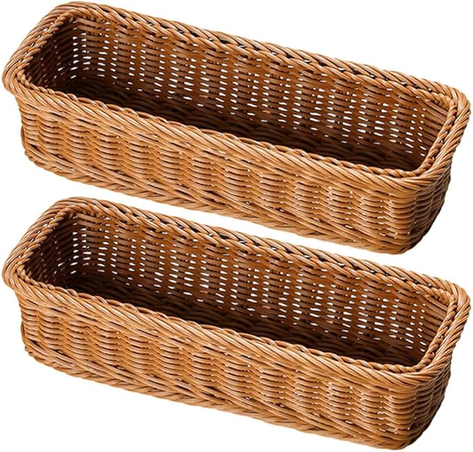 Cabilock 2pcs Wicker Rectangular Woven Baskets Bins Rattan Woven Utensils Holder Cutlery Organizer for Countertop Chopsticks Storage