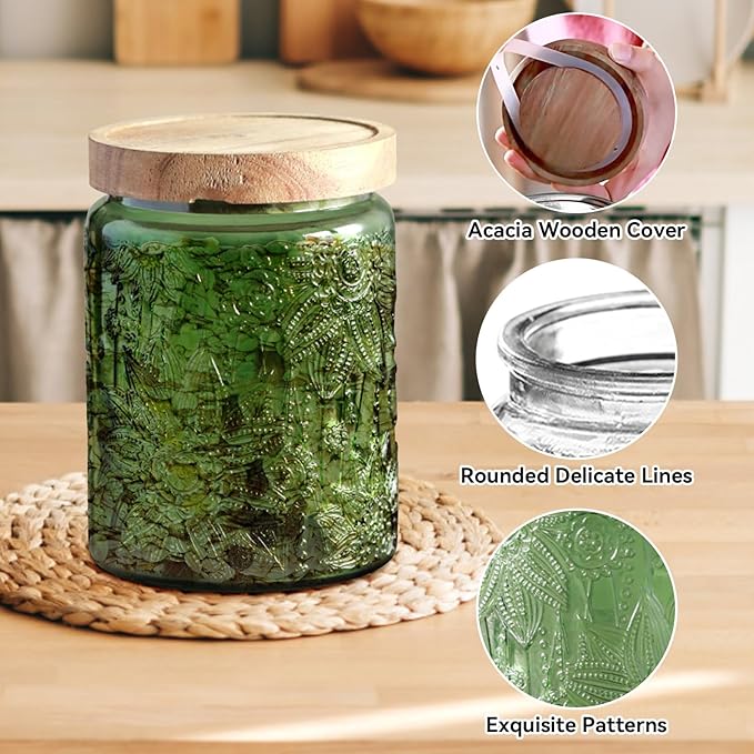 Vintage Glass Jar with Lid,Cookie Candy Jar Coffee Canister Food Storage Containers Storage Jar Set for Kitchen Office (Green garden - acacia)