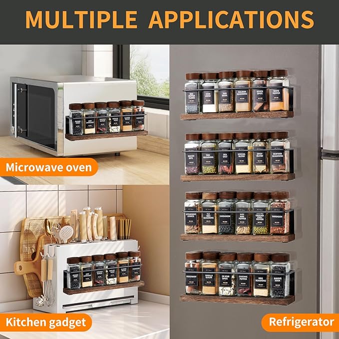 Wooden Lid Magnetic Spice Rack with 24 Jars, 216 Labels, 1 Steel Funnel for Refrigerator,Microwave Oven - Full Set of Spice Organizer