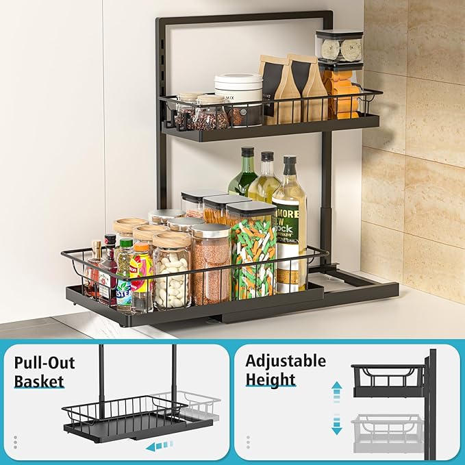 WOWBOX 1 Pack Under Sink Organizer 2 Tier Slide Out Cabinet Organizer Under Sink Organizers and Storage for Kitchen Bathroom Pantry
