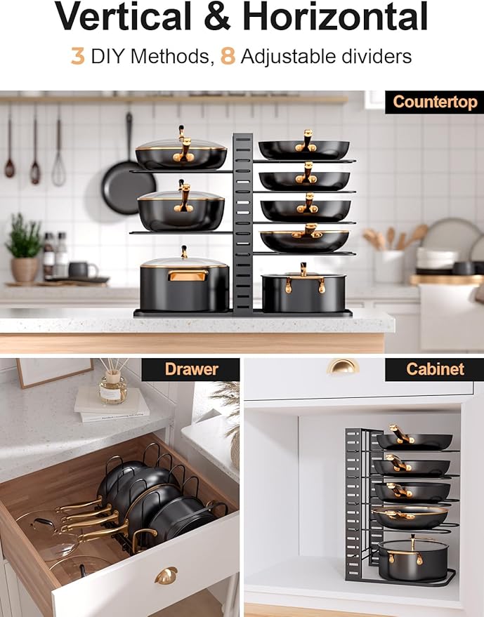MUDEELA Pots and Pans Organizer : Rack under Cabinet, 8-Tier Kitchen Cabinet Organizers and Storage, Light-Duty Adjustable Pot Racks, Pan Organizers inside Cabinet with 3 DIY Methods