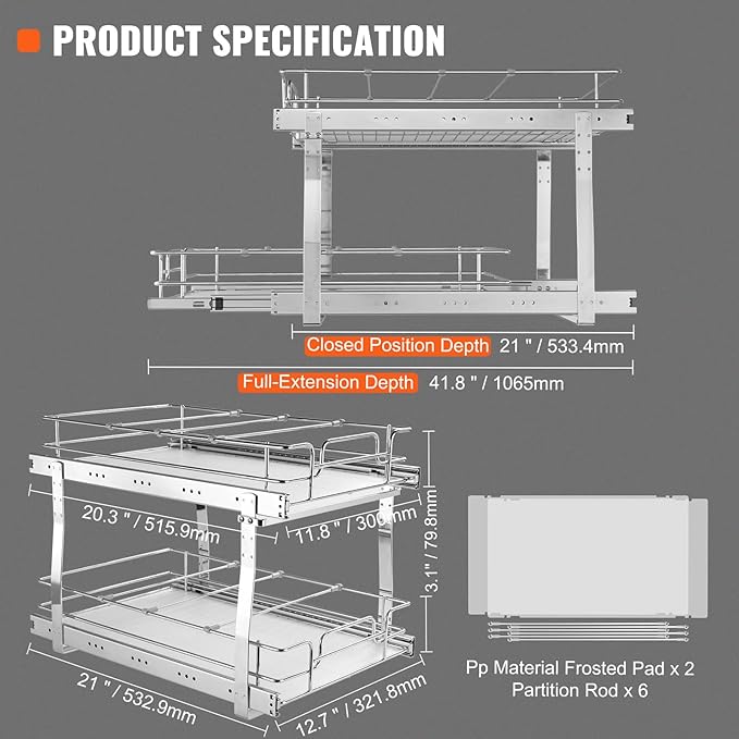 VEVOR 2 Tier 12.7" Wx21 Dx3.1" H Pull Out Cabinet Organizer, Heavy Duty Slide Out Pantry Shelves, Chrome-Plated Steel Roll Out Drawer for Under Sink, 11.8" Wx20.3" Dx3.1"H Install Size for Cabinet
