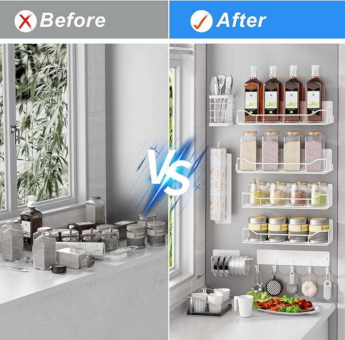 Magnetic Spice Rack for Refrigerator,8 Pack Magnetic Fridge Shelf, Moveable Spice Organizer with Hook Rack, Paper Towel Holder, Utensil Holder,cup lid holder, Super Magnetic Rack Set (White)