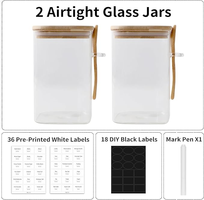 Flour and Sugar Containers - 34 oz Glass Jar with Bamboo Lid and Spoon, Sugar Holder and Canister for Countertop, Glass Containers for Coffee Beans, Tea, Flour, Nuts, Candy and Cookie (Set of 2)