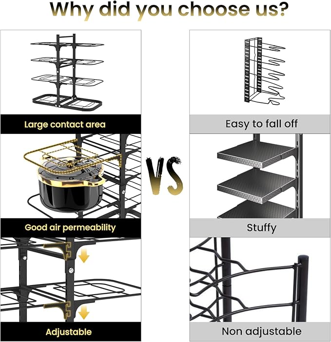 Podxco Heavy Duty Pots and Pans Organizer Under Cabinet: 8-Tier Adjustable Pot and Pan Organizer, Space Saving Pan Organizers Inside Cabinet, 21" Kitchen Storage Pot Rack Organizer for Cast Iron Pan
