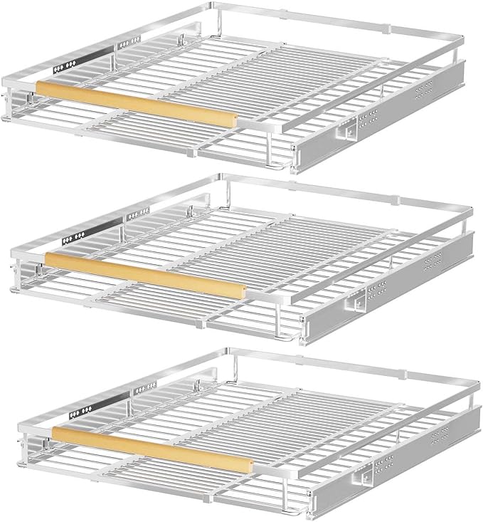 Pull Out Cabinet Drawers Organizers,3 Packs of Expandable Sliding Shelves D:22.2” x W:16.9”-28”,Stainless Steel Gliding Cupboard Shelves,Heavy Duty Slide Out Spice Rack Container for Kitchen,Pantry