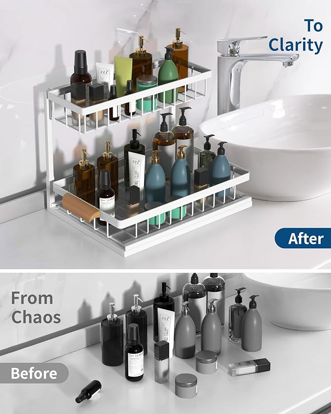 2 Pack Under Sink Organizer,Metal Pull Out Kitchen Cabinet Organizer with Sliding Drawer,Sturdy Multi-functional for Bathroom Organization,White