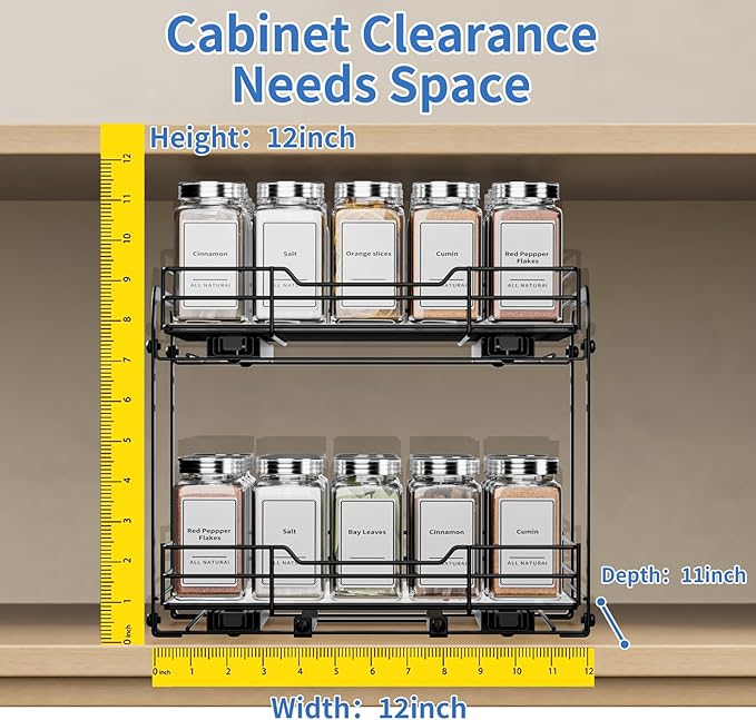 2-Tier Spice Rack Organizer, Pull Out Spice Rack for Cabinet, Height Adjustable Heavy Duty Metal Basket for Inside Cabinets & Pantry (11.5''Wx10.5''Dx9.5''H)