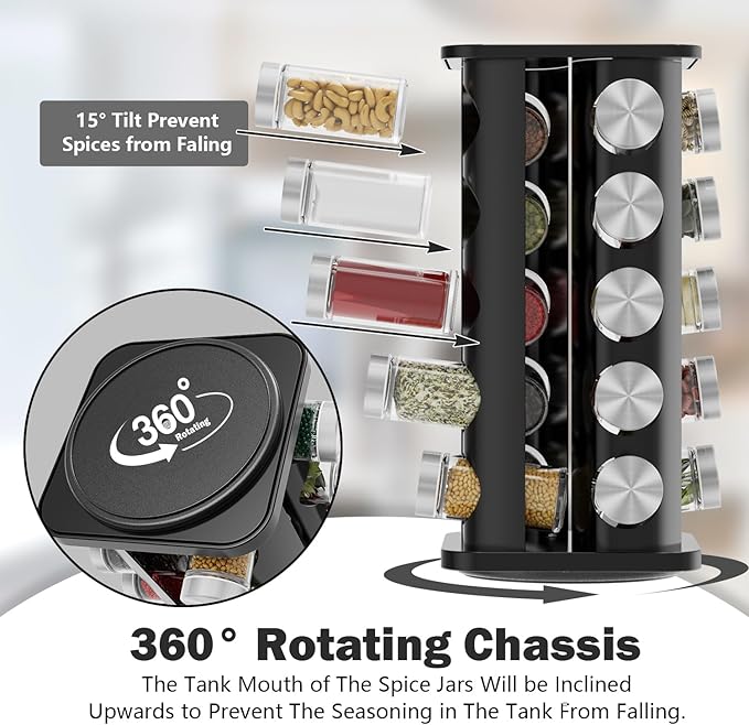 Rotating Spice Rack Organizer, Spice Tower for Countertop, Revolving Spice Rack Set for Cabinet, Black Steel Kitchen Seasoning Organizer with 20 Jars and Funnel Square-round