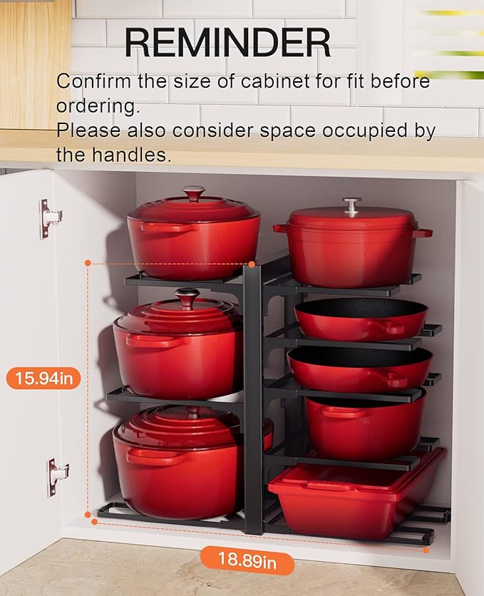 ORDORA Pots and Pans Organizer: Rack for Cabinet, 8-Tier Heavy Duty 120LBS Pots Pans Organizer Rack under Cabinet Adjustable for Dutch Ovens, Cast-iron Pans, Heavy Skillets Griddles, Shallow Pots