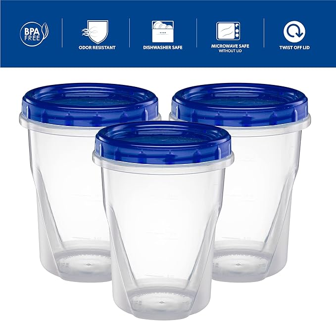 Twist Top Deli Containers Food Storage Containers Blue Screw on Lid Reusable Stackable Leakproof Airtight, pack of 10-32 oz containers