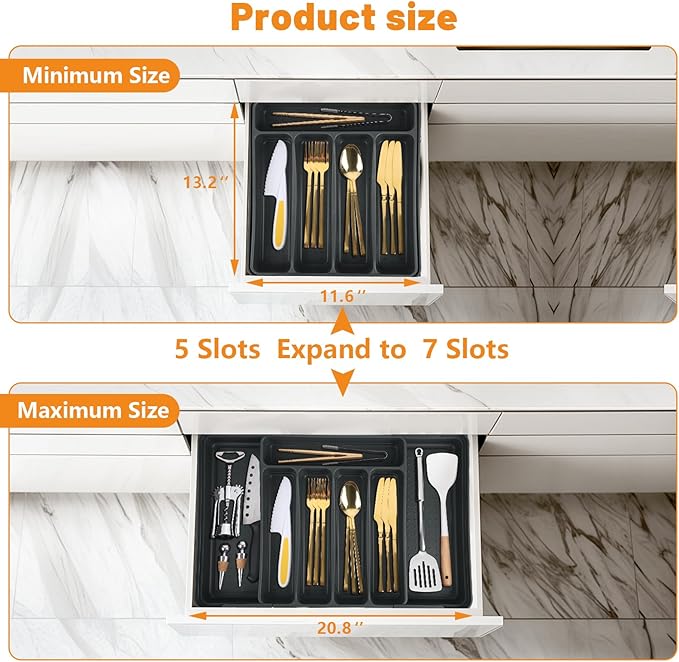 Expandable Silverware Drawer Organizer, Adjustable Kitchen Utensil Tray, Cutlery Flatware Organizer for Forks, Spoons, Knives (Large, Grey)