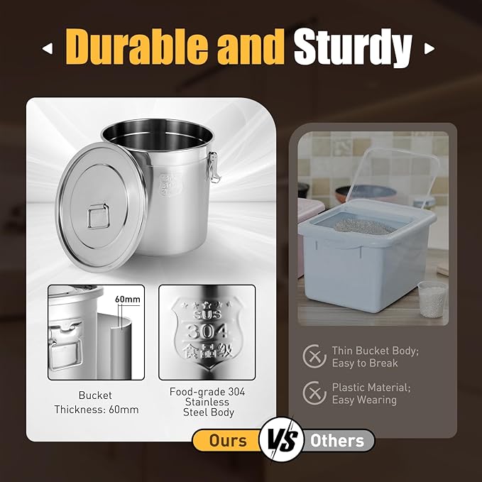 304 Stainless Steel Airtight Canister, Rice Cereal Grain Canisters Container, 6/12/21/33/48 Liters Food Bean Flour Oil Sugar Milk Cookie Storager Bucket w/Handles & Lid for Household Kitchen (33L)