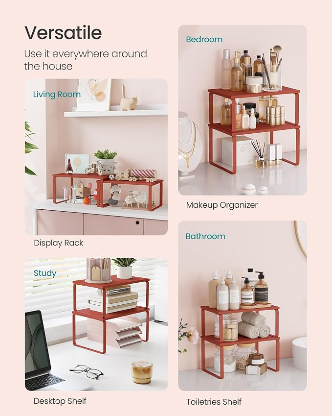 SONGMICS Cabinet Organizer Shelf, Set of 2 Kitchen Counter Shelves, Kitchen Storage, Spice Rack, Stackable, Expandable, Metal and Engineered Wood, Mandarin Red UKCS002Y02