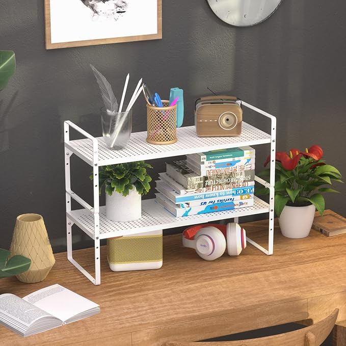 Expandable Cabinet Organizer Shelves,Metal Adjustable Height Spice Racks,D:10.24" x W:16.5"-27.2" Stackable Storage Shelves for Cabinet,Pantry,Counter,Cupboard,2 Packs Kitchen Under Sink Storage Racks