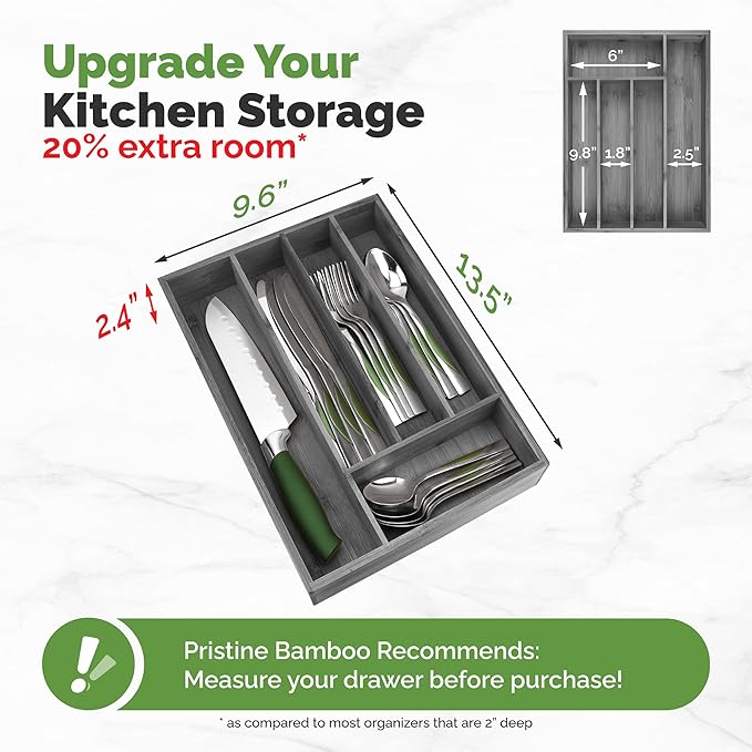 5-Slot Drawer Organizer - Kitchen and Utensil Organizer - Cutlery Tray - Flatware and Silverware Holder - Gray