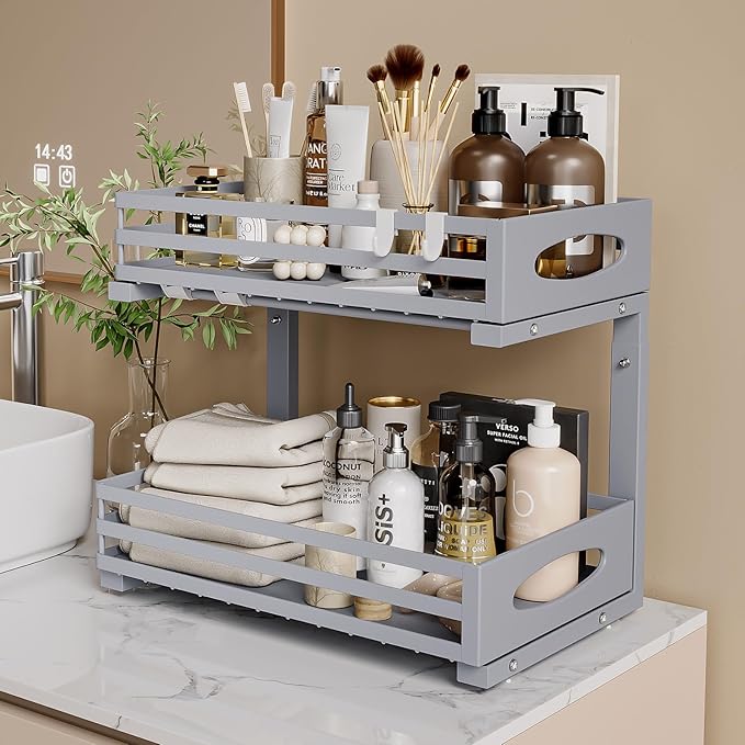 Under Sink Organizers and Storage, Pull Out Kitchen Cabinet Organizer, 2 Tier Slide Out Steel Under Sink Storage Shelf for Kitchen Pantry Bathroom (Grey, 2Pack)