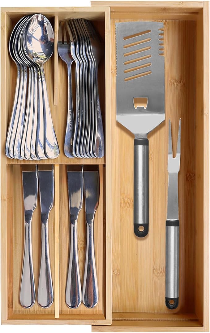 Expandable Bamboo Kitchen Drawer Organizer - Silverware Organizer - Utensil Holder and Cutlery Tray for Flatware Organizers and Kitchen Utensils
