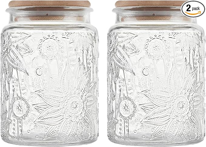 Vintage Glass Jar with Bamboo Lid, 23.7 FL oz - Airtight Decorative Food Storage Canisters for Kitchen Counter, Ideal for Candy, Sugar, Coffee, Cookies (Sunflower*2)