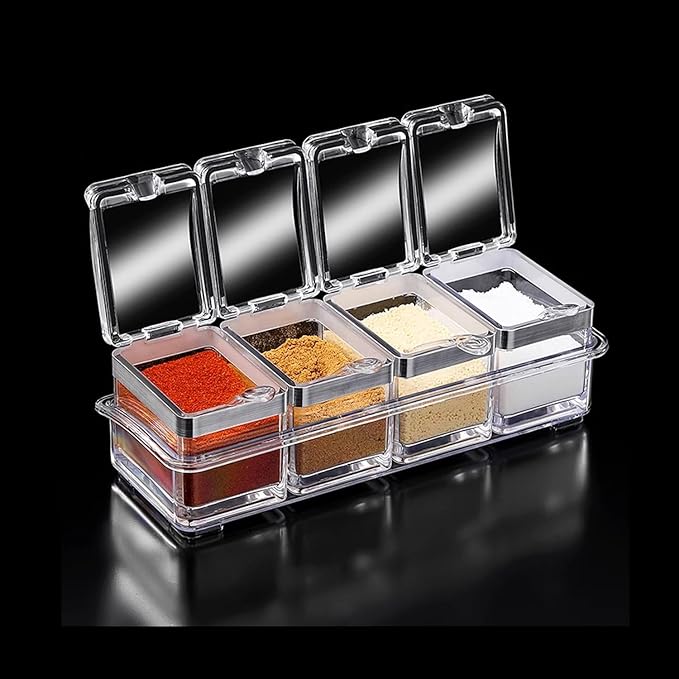 Tenta Kitchen Gourmet Acrylic Seasoning Box - Premium Quality Pure Acrylic Container and Case- 18/8 Stainless Steel Ring - 4 Serving Spoons -Luxurious Condiment Cruet Bottle, Spice Jar Set