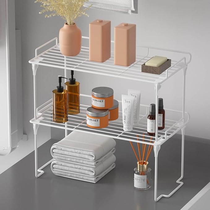 Redrubbit Kitchen Cabinet Storage Shelf Rack, Stackable & Foldable Counter Spice Racks, Multifunctional Storage Racks for Kitchen, Bathroom, Cupboard & Pantry Organization, Set of 2
