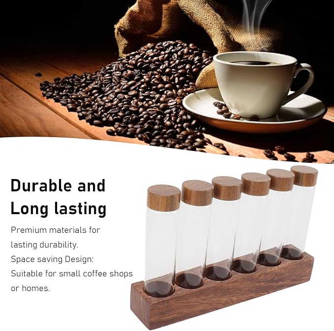 Coffee Bean Storage Tubes Single Dose, 6PCS or 12PCS Coffee Bean Cellar, Dosing Glass Vials with Lids, Wooden Display Stand and Funnel, Airtight Sealed Glass Canister Jars Tubes