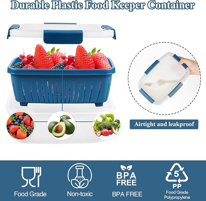 shopwithgreen 68oz Berry Keeper Fruit Storage Container for Fridge, Fresh Food Produce Saver Containers with Removable Drain Colanders, Vegetable Lettuce Keeper Bowl, Refrigerator Organizer, 2 Pack