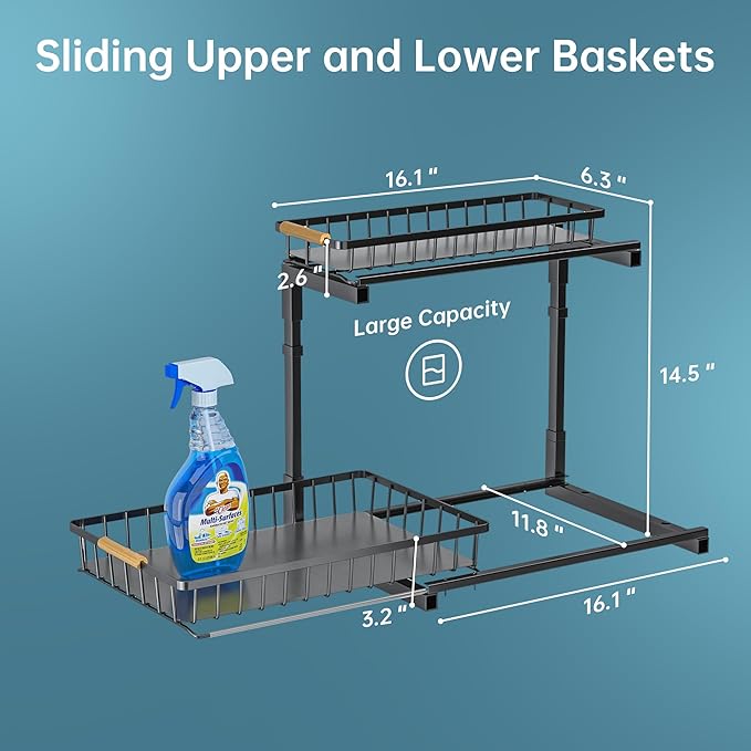 Delamu 2 Pack Under Sink Organizer and Storage, 2 Tier Pull Out Cabinet Organizer, Slide Out Under Sink Storage Shelf, Undersink Organizers Shelves for Kitchen Bathroom Pantry Organization