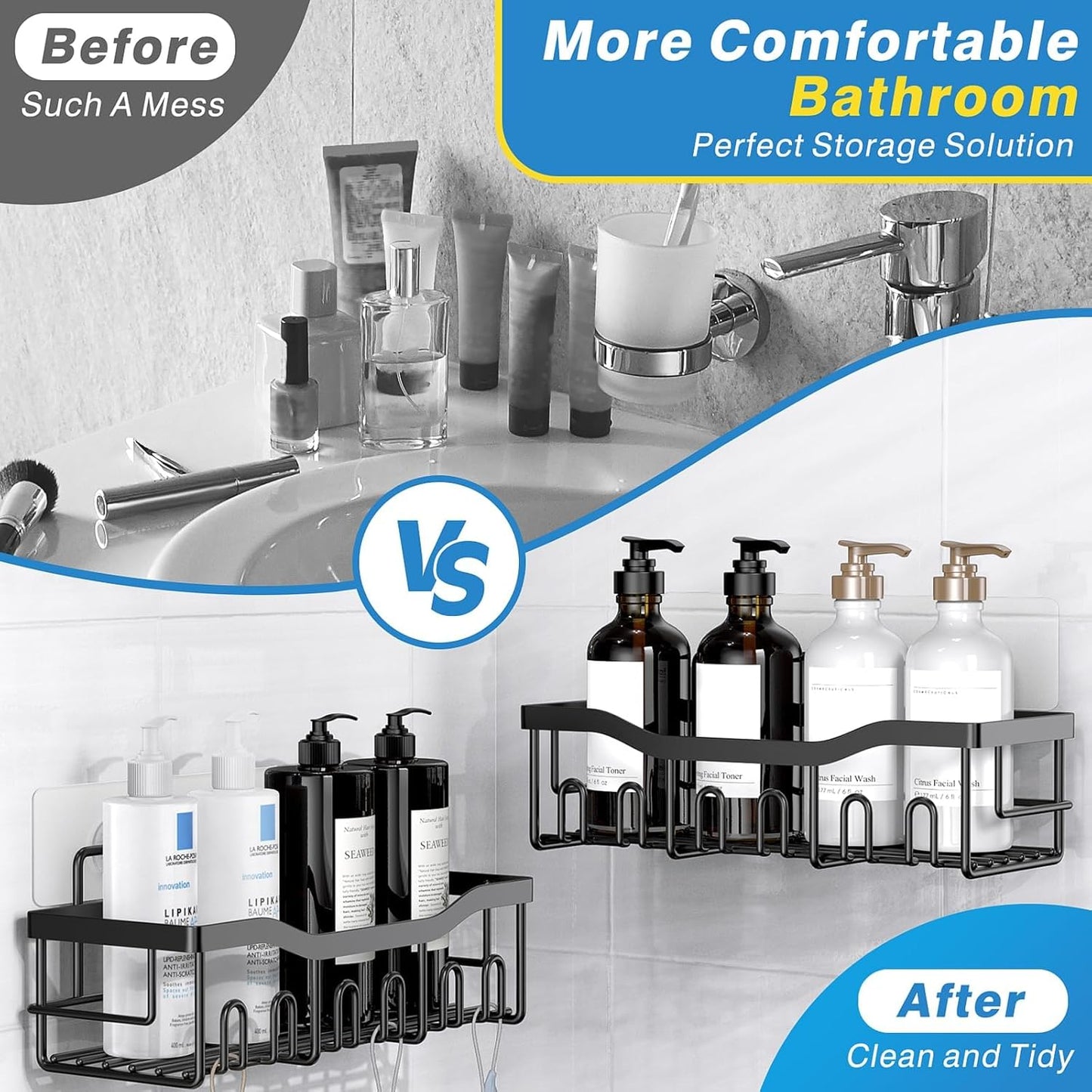 Adhesive Shower Caddy, 5 Pack Rustproof Stainless Steel Bath Organizers With Large Capacity, No Drilling Shelves for Bathroom Storage & Home Decor-XL Size