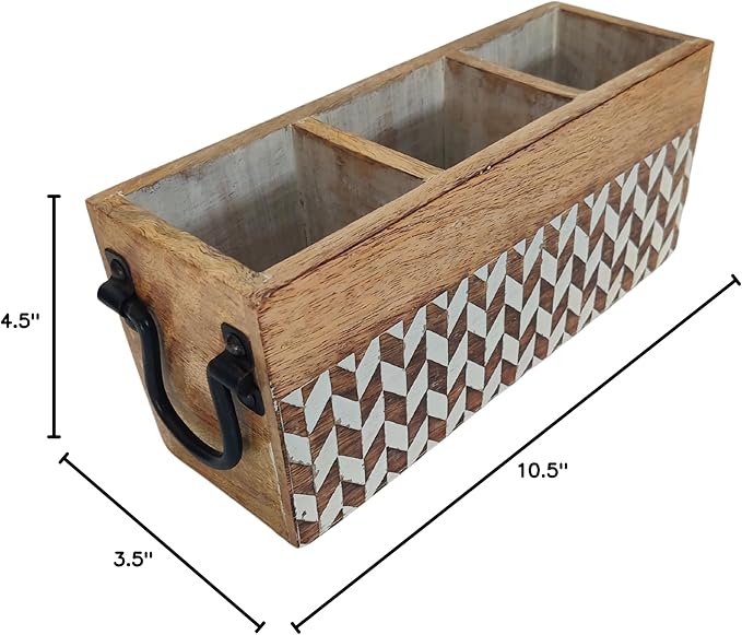 VANIYA CRAFTSR® Handmade Wooden Carved Design Compartments Cutlery Utensil Holder For Napkins, Spoons, Forks, Tissues, Knife (Natural White Finish)