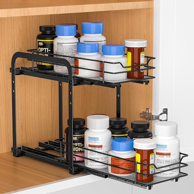 RCHYFEED Spice Organization for Cabinet, 2 Tier Pull Out Spice Rack for Seasoning Organizer, Height Adjustable Heavy Duty Metal Basket for Inside Cabinets & Pantry Closet(5.5" Wx10.5 Dx9.5 H)