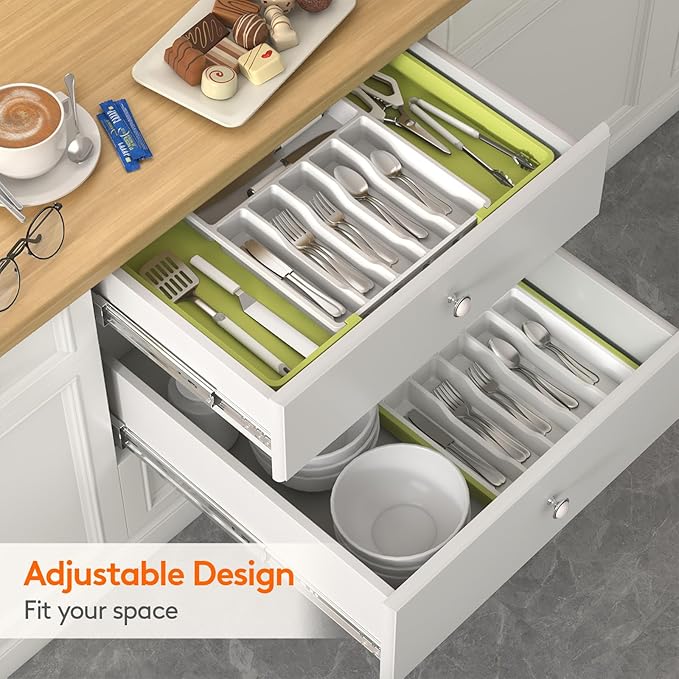 Lifewit Silverware Drawer Organizer, Expandable Utensil Tray for Kitchen, BPA Free Flatware and Cutlery Holder, Adjustable Plastic Storage for Spoons Forks Knives, 2 Pack, Green&White